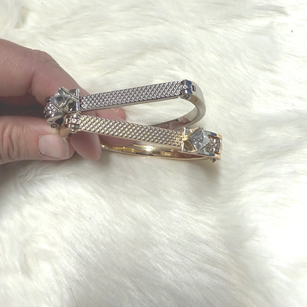 Set of 2 Jessica Elliott Textured Hinged Bangles Gold Silver Tone Square Crystal